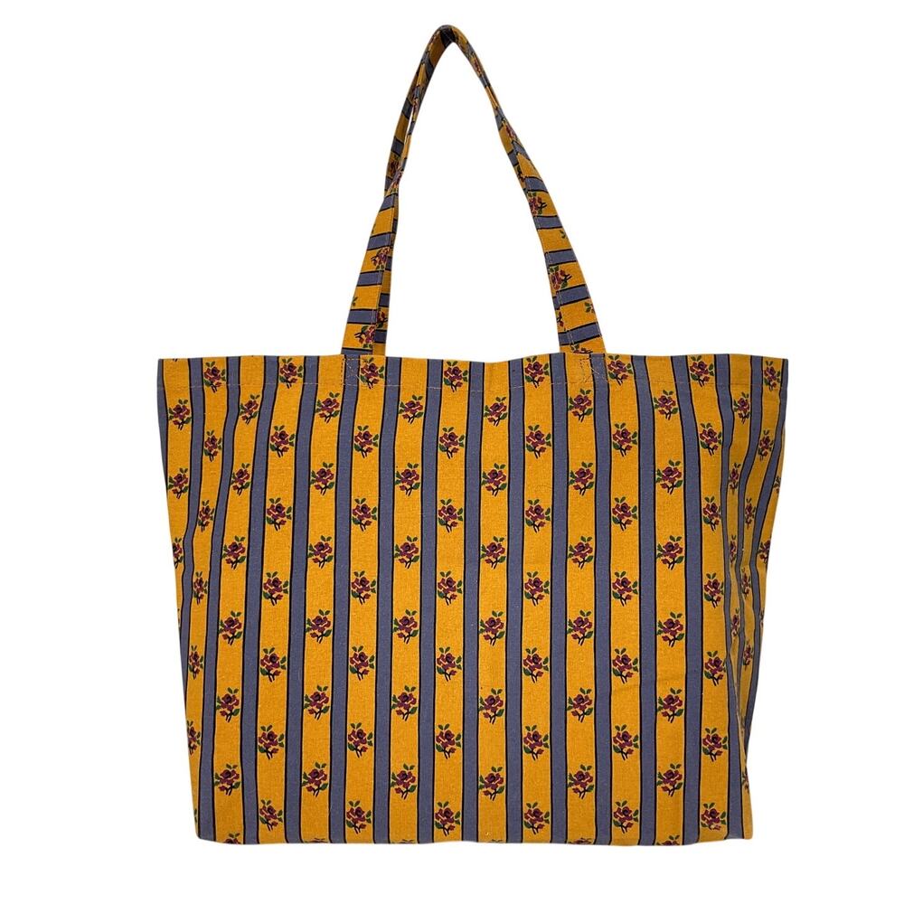 Sezane Printed Yellow Floral Stripe Tote Bag - Picture 2 of 5